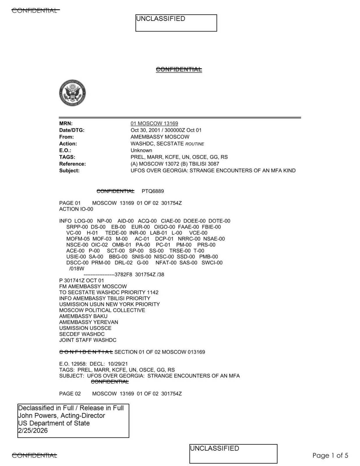 State Department UAP Cable 3, Tbilisi, Georgia, October 30, 2001 — עמוד 1