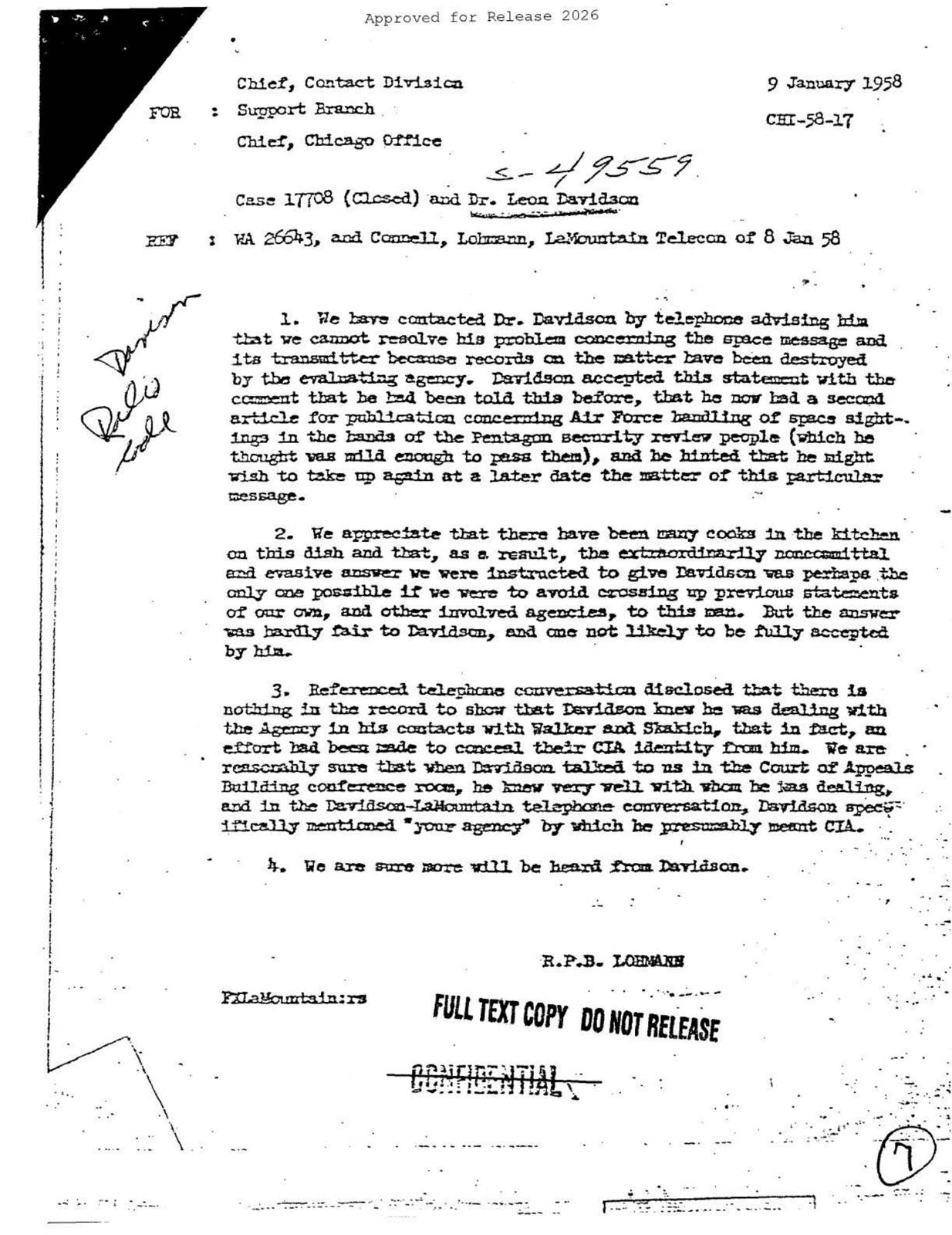 CIA-UAP-004, תיק 17708 (סגור) וד"ר Leon Davidson, 1958 — עמוד 1