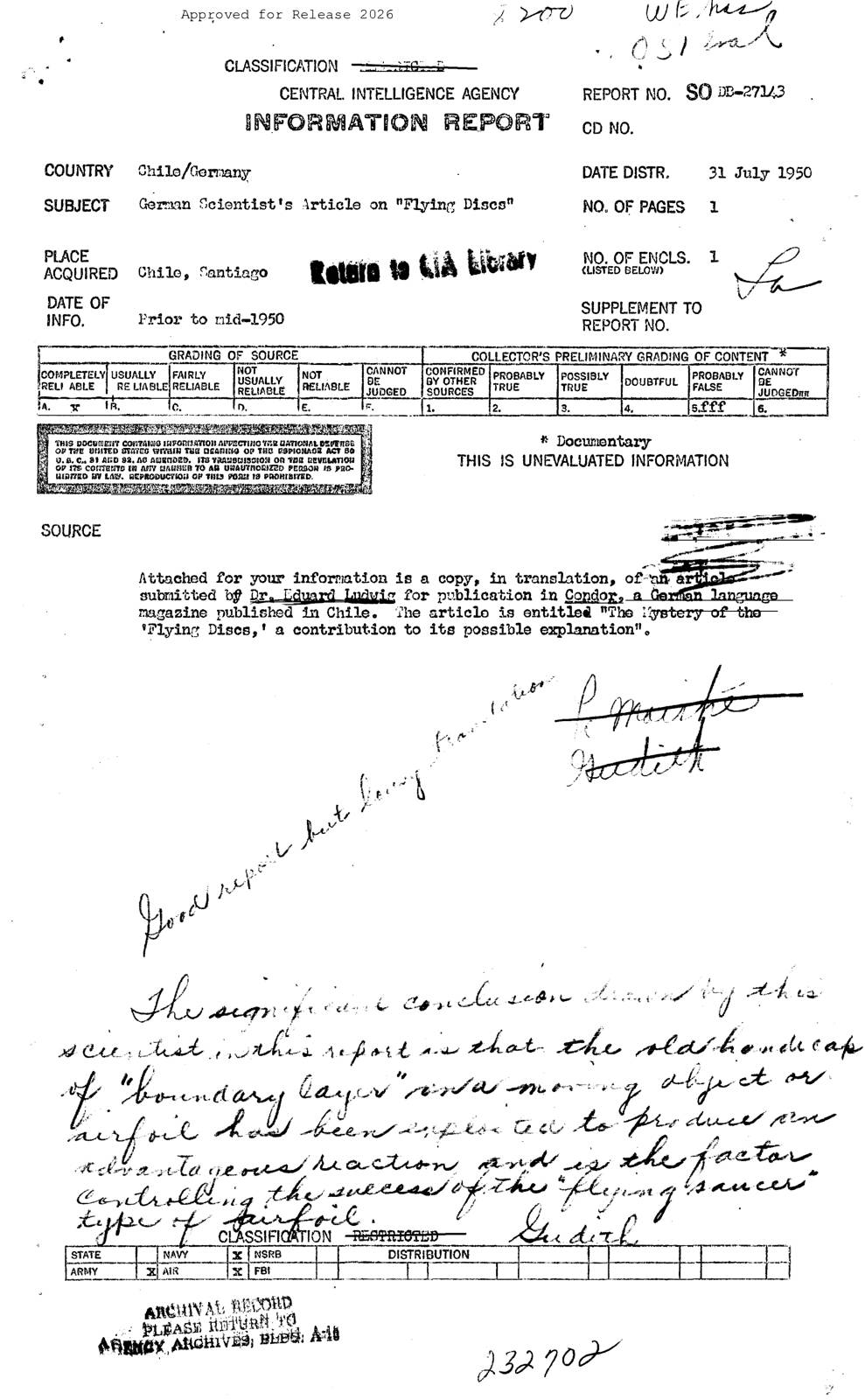 CIA-UAP-005, מאמרו של מדען גרמני על 'דיסקיות מעופפות', 1950 — עמוד 1