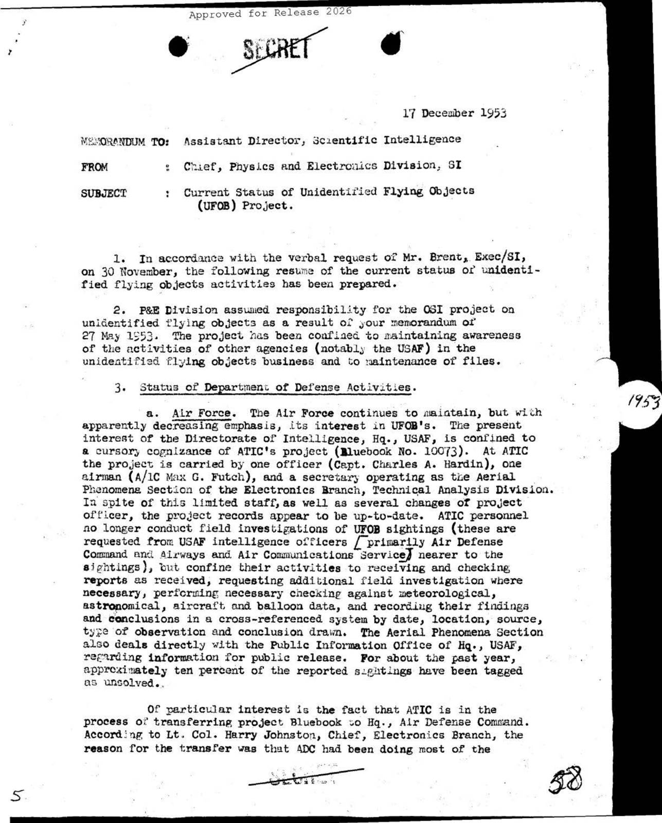 CIA-UAP-007, המצב הנוכחי של פרויקט העצמים המעופפים הבלתי מזוהים (UFO), דצמבר 1953 — עמוד 1