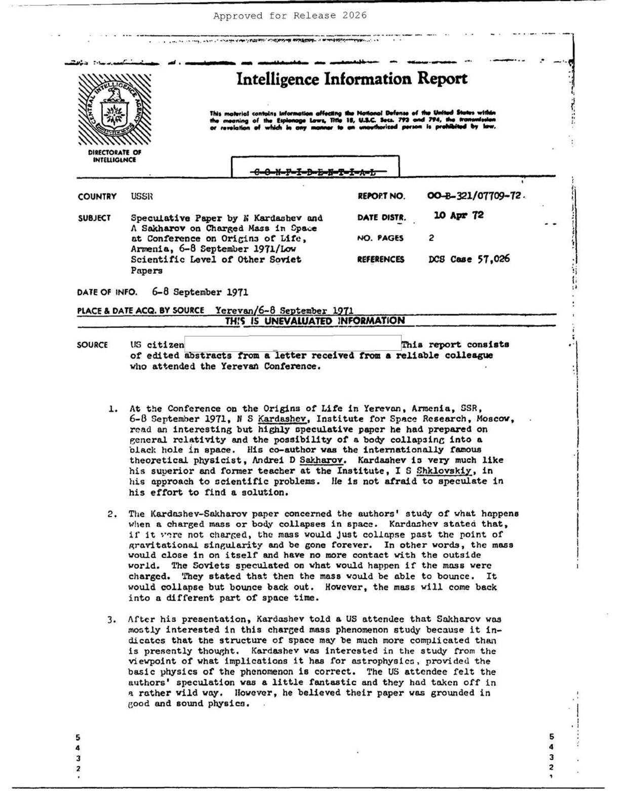 CIA-UAP-008, מאמר ספקולטיבי מאת נ' קרדשב וא' סחרוב על מסה טעונה בחלל, שהוצג בכנס על ראשית החיים, ארמניה, 6-8 בספטמבר 1971 / הרמה המדעית הנמוכה של מאמרים סובייטיים אחרים — עמוד 1
