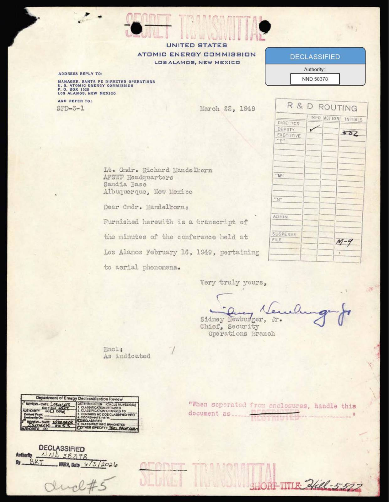 DOE-UAP-D004, ועידת לוס אלמוס על תופעות אוויריות, 1949 — עמוד 1