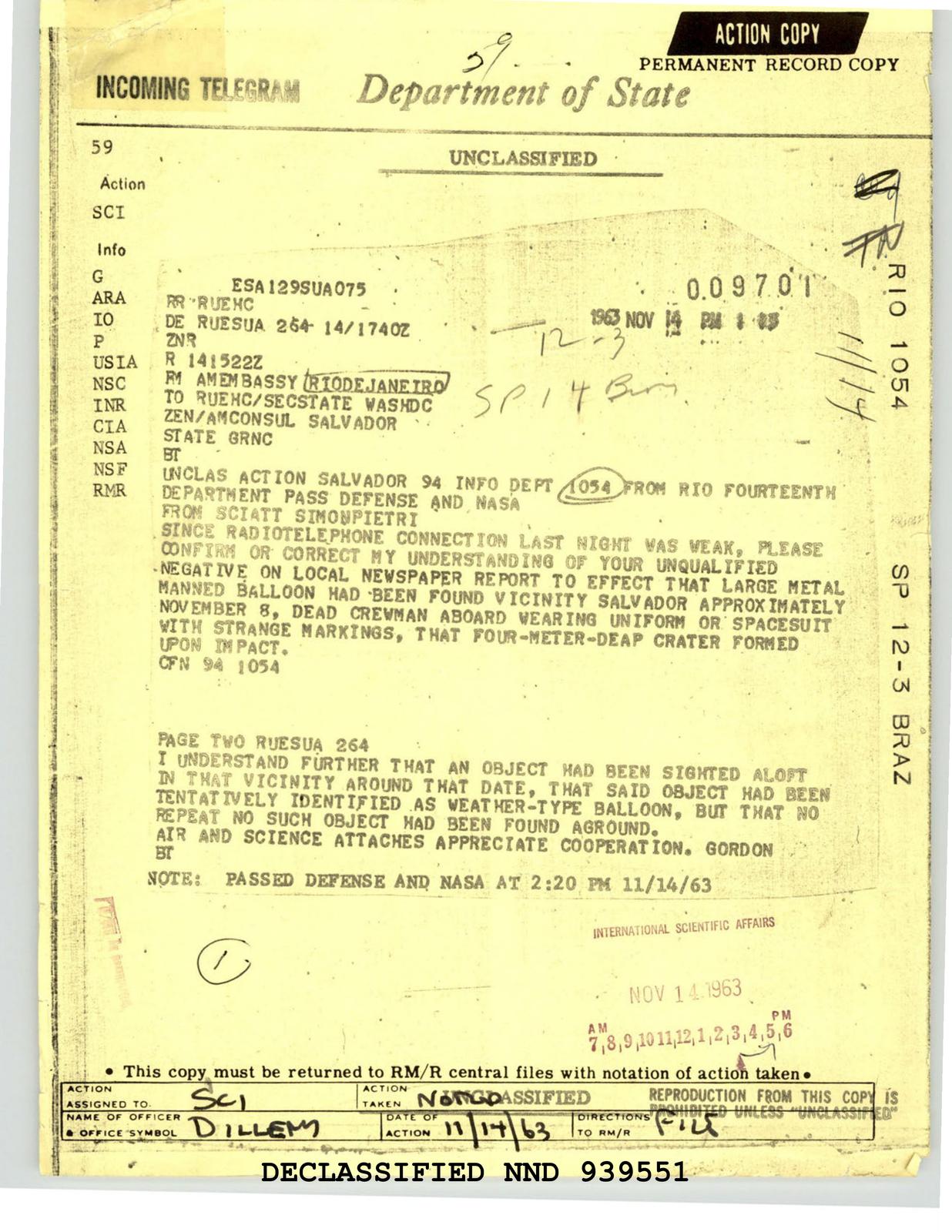 DOS-UAP-D001, מברק דיפלומטי, ברזיל, 14 בנובמבר 1963 — עמוד 1