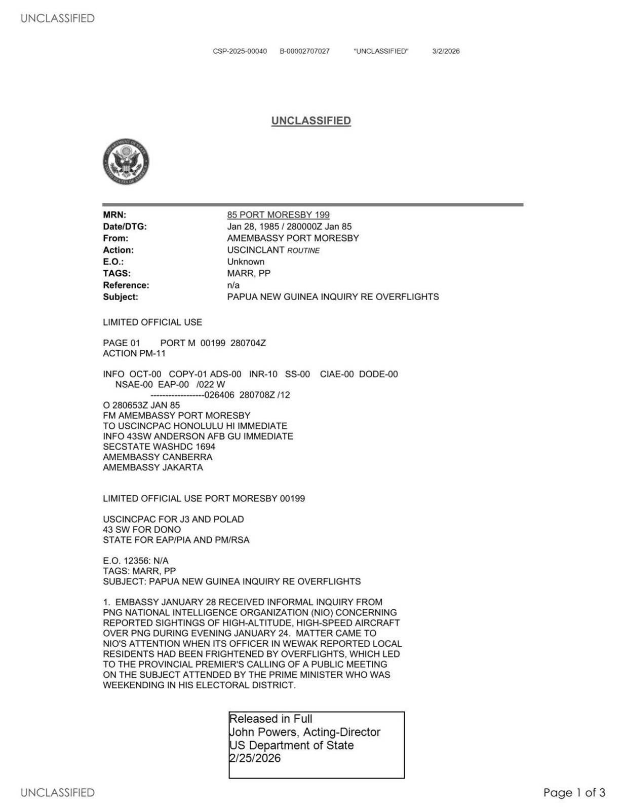 State Department UAP Cable 1, Papua New Guinea, January 28, 1985 — עמוד 1