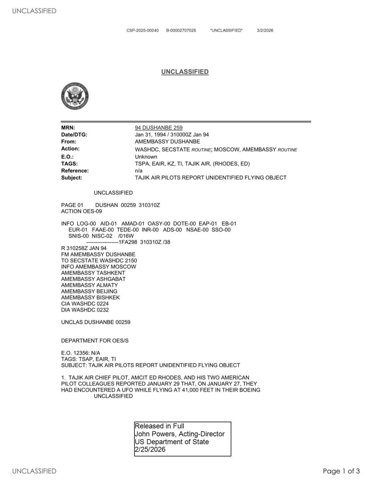State Department UAP Cable 2, Kazakhstan, January 31, 1994 — עמוד 1