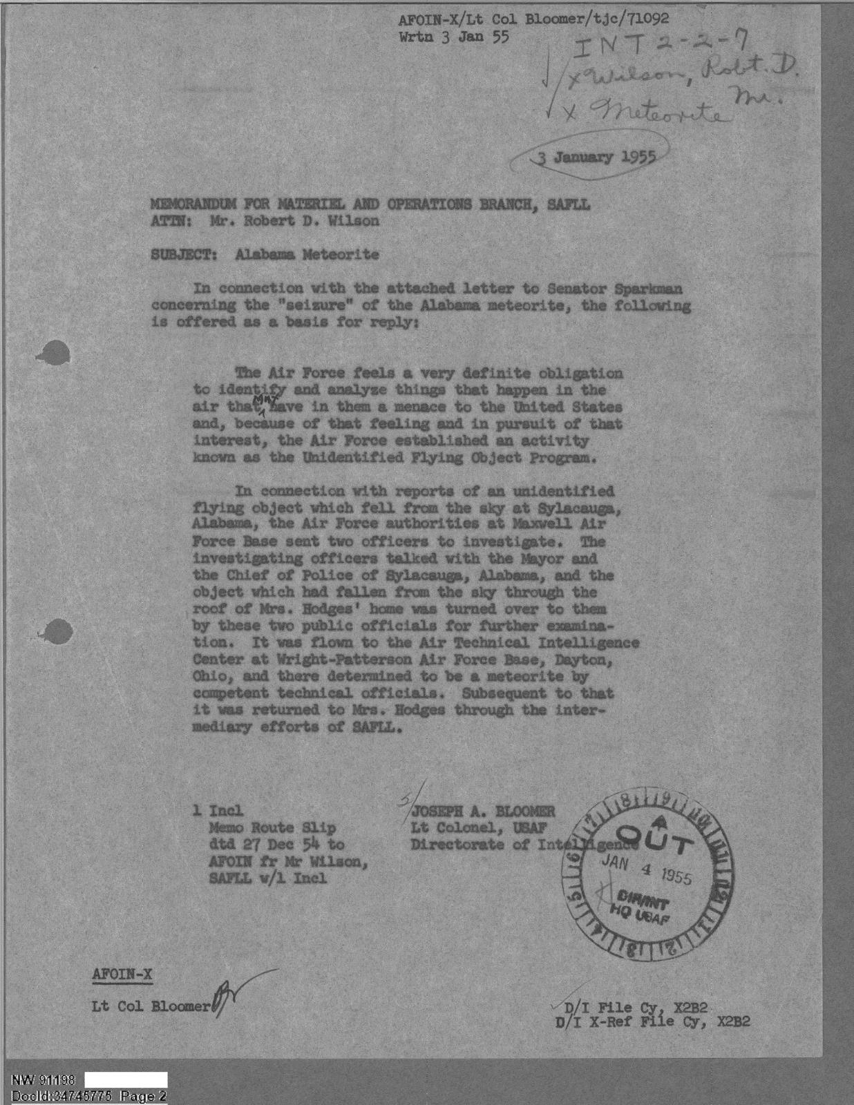 DOW-UAP-D096, תכתובת הנוגעת ל-Project Blue Book, 1955 — עמוד 2