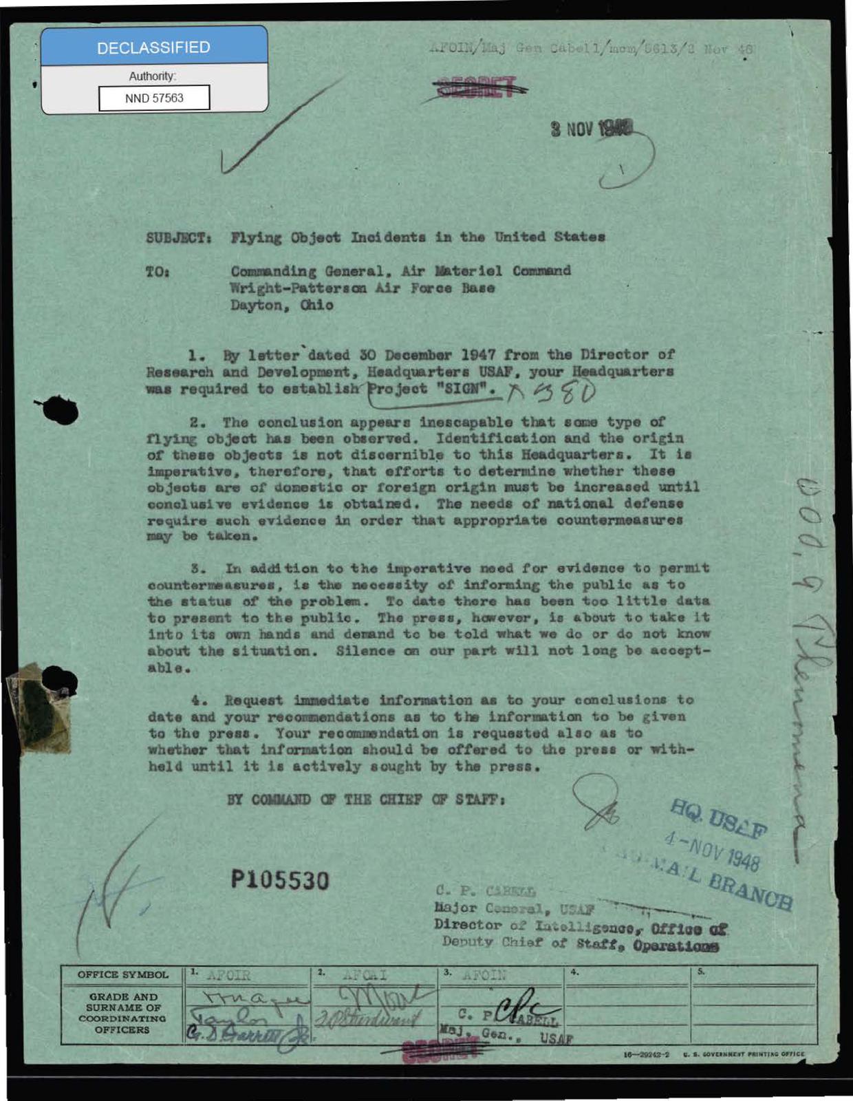 DOW-UAP-D100, דו"ח פיקוד החימוש האווירי על עצמים מעופפים בלתי מזוהים, 1947-1948 — עמוד 1