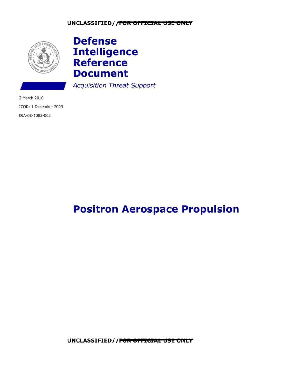 DOW-UAP-D123, AAWSAP DIRD, הנעה תעופתית-חללית באמצעות פוזיטרונים, מרץ 2010 — עמוד 1