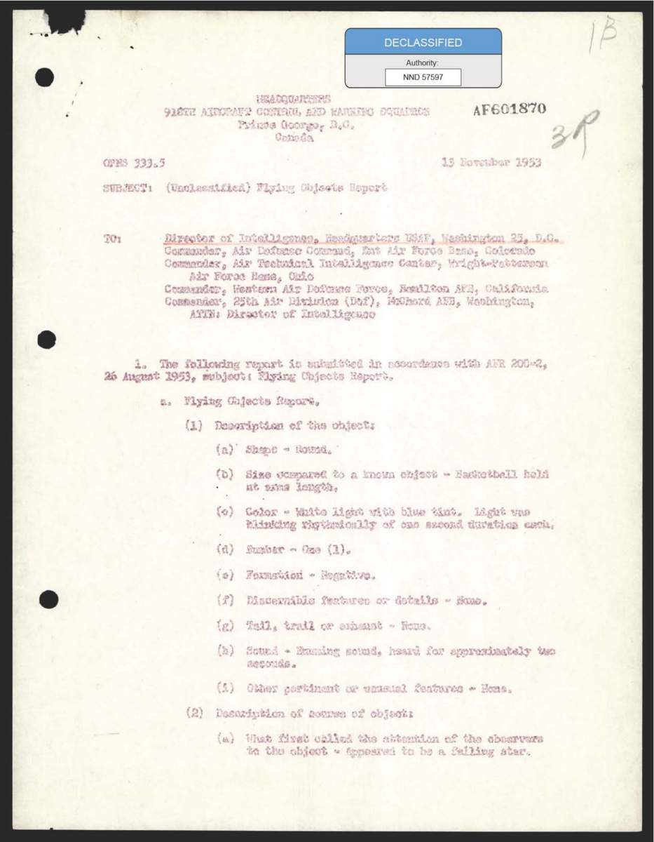DOW-UAP-D158, דו"ח עצם מעופף, קנדה, 1953 - עמוד 1