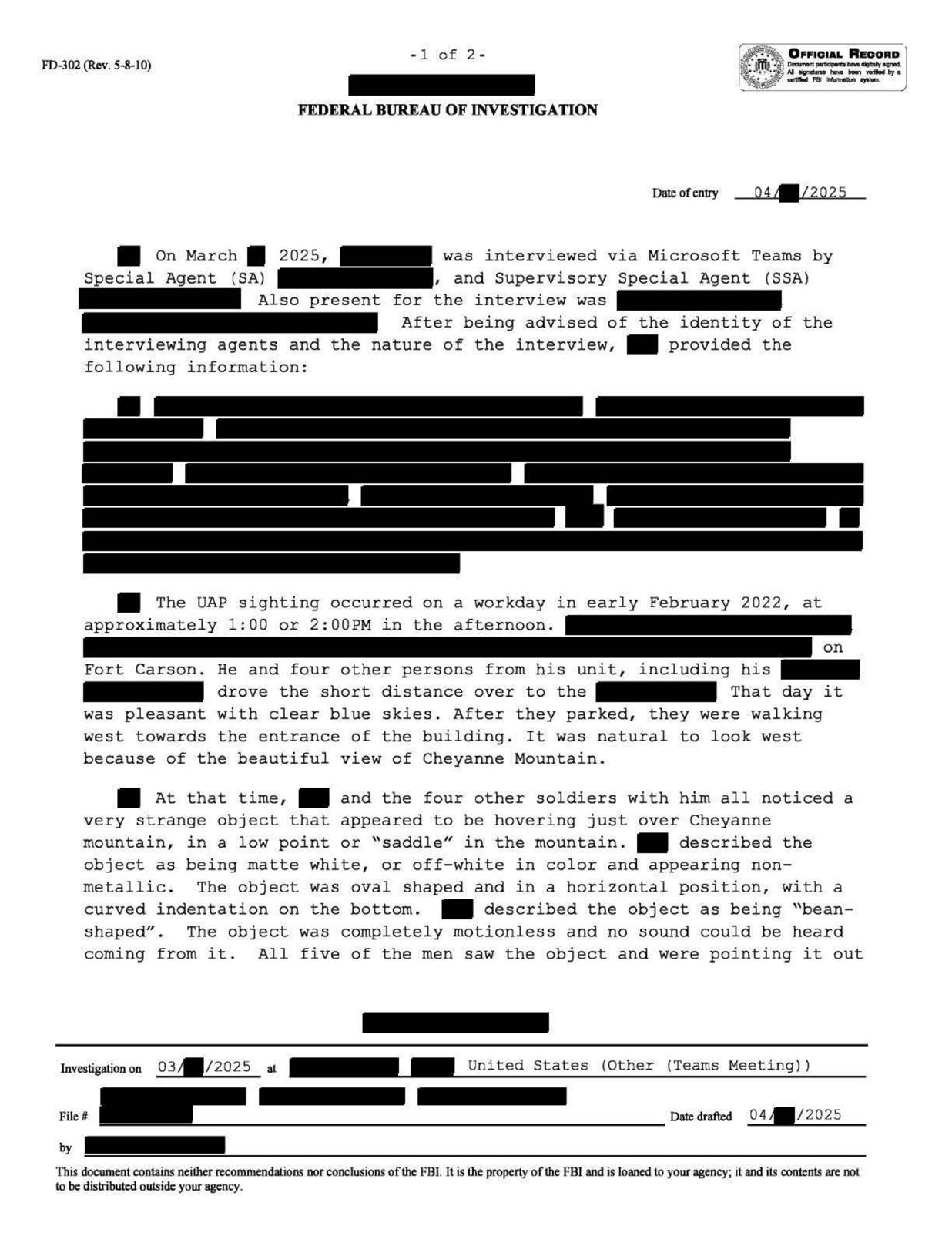 FBI-UAP-D001, FD-302, דיווח UAP בלתי פתור, קולורדו ספרינגס, בפברואר 2022 — עמוד 1