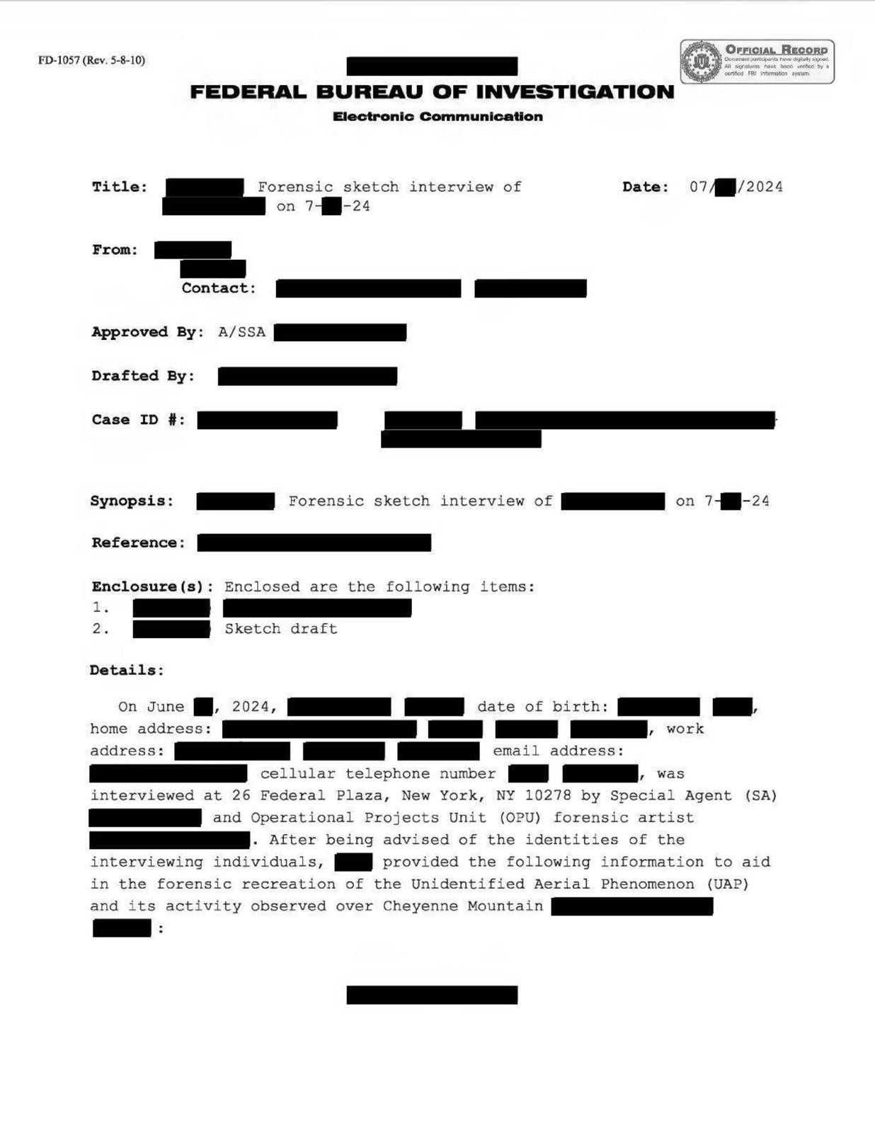 FBI-UAP-D002, FD-1057, דיווח UAP בלתי פתור, קולורדו ספרינגס, 2022 — עמוד 1