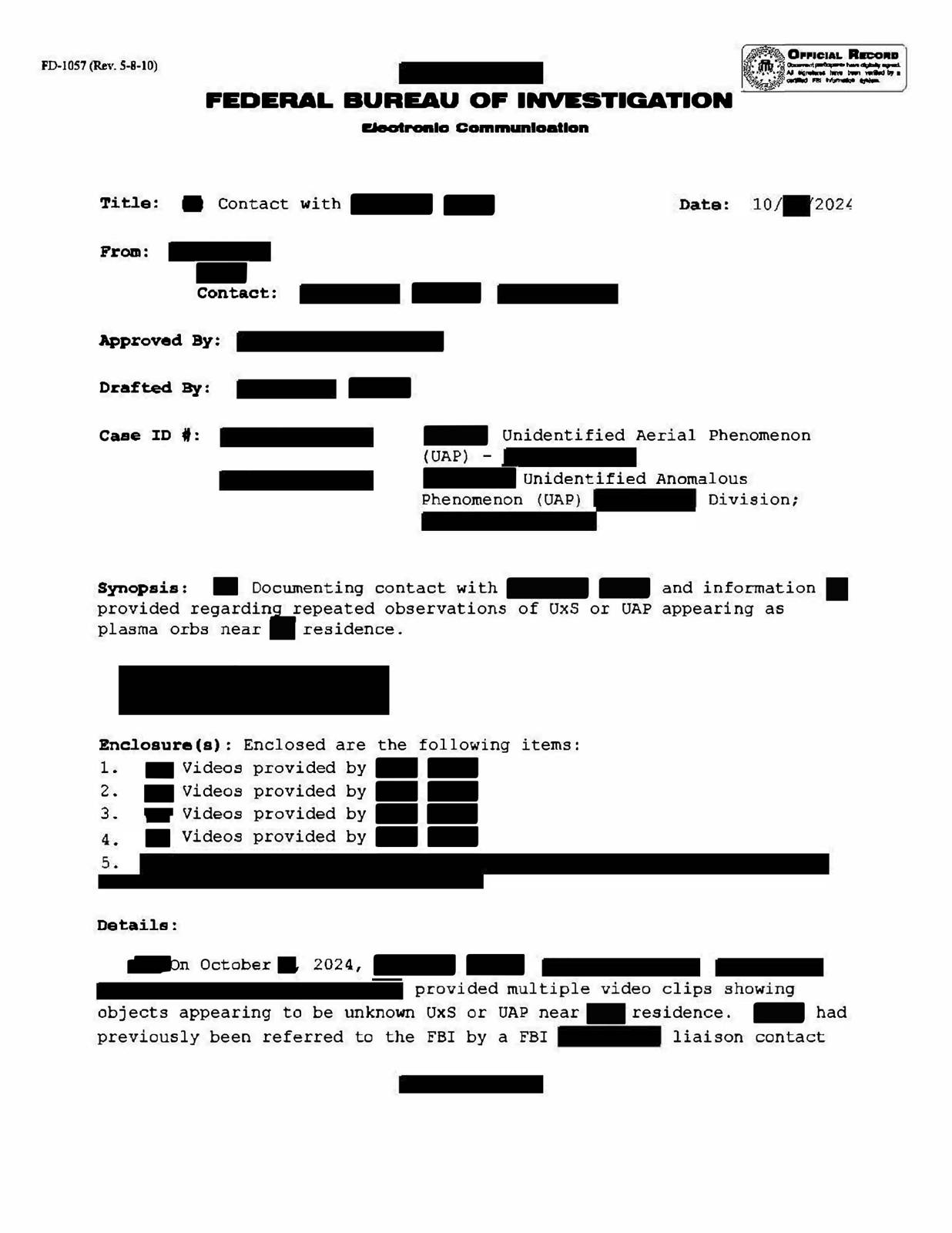 FBI-UAP-D004, FD-1057-02, צפון-מזרח ארצות הברית, 2024 — עמוד 1