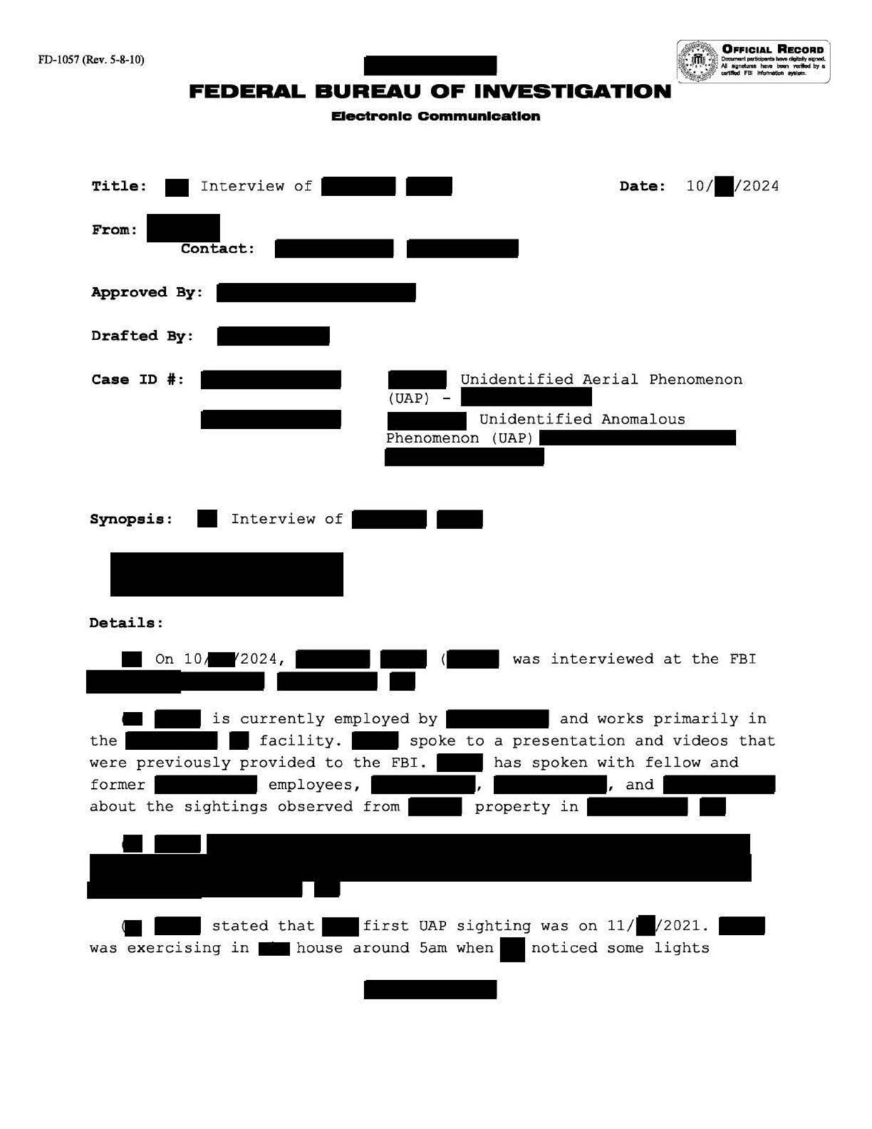 FBI-UAP-D005, FD-1057-04, צפון-מזרח ארצות הברית, 2024 — עמוד 1