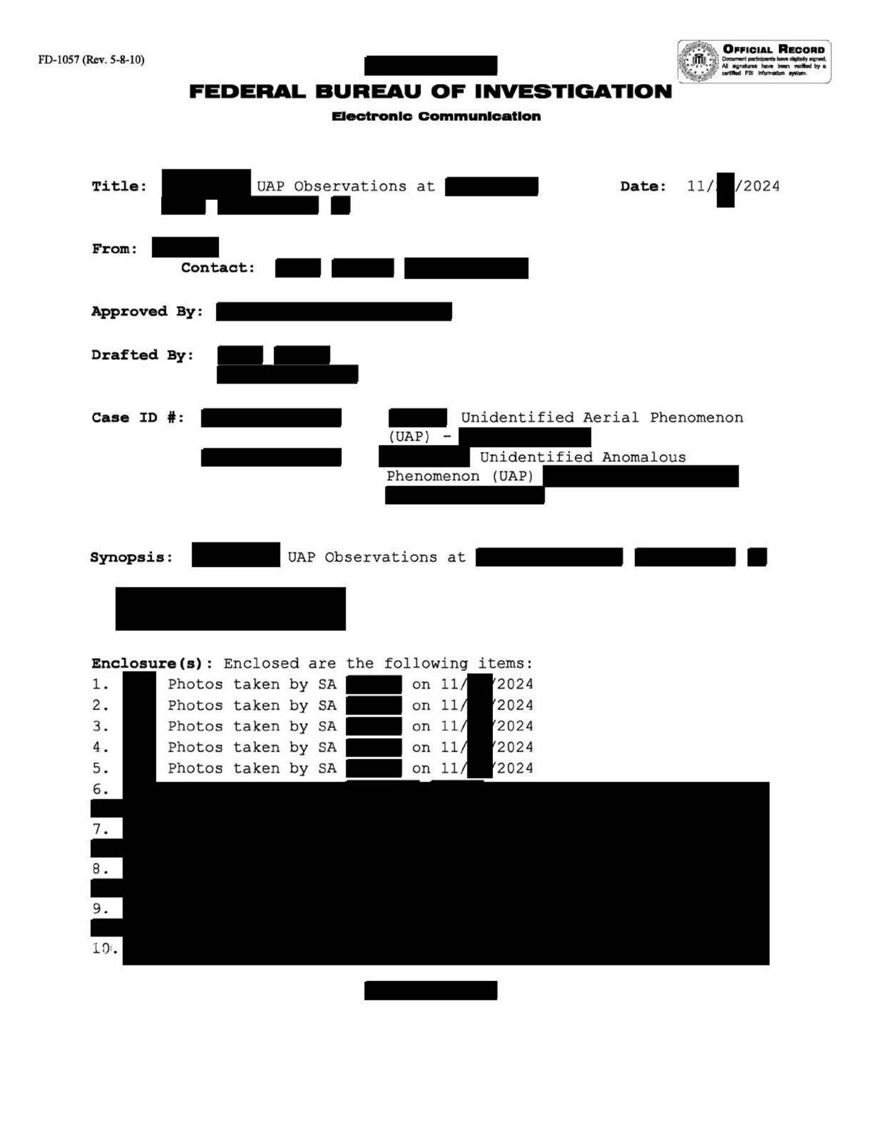 FBI-UAP-D007, FD-1057-06, צפון-מזרח ארצות הברית, 2024 — עמוד 1