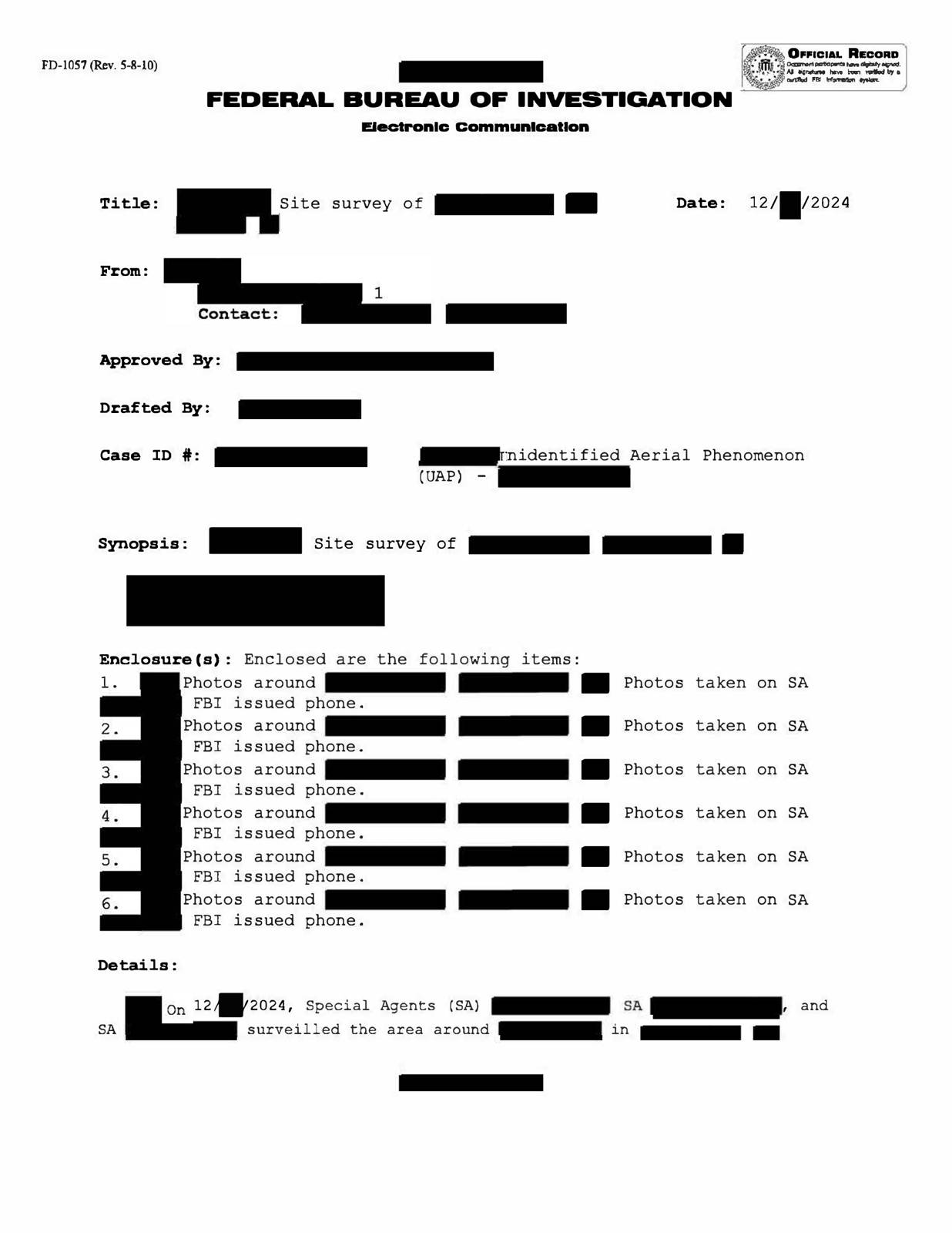 FBI-UAP-D008, FD-1057-07, צפון-מזרח ארצות הברית, 2024 — עמוד 1
