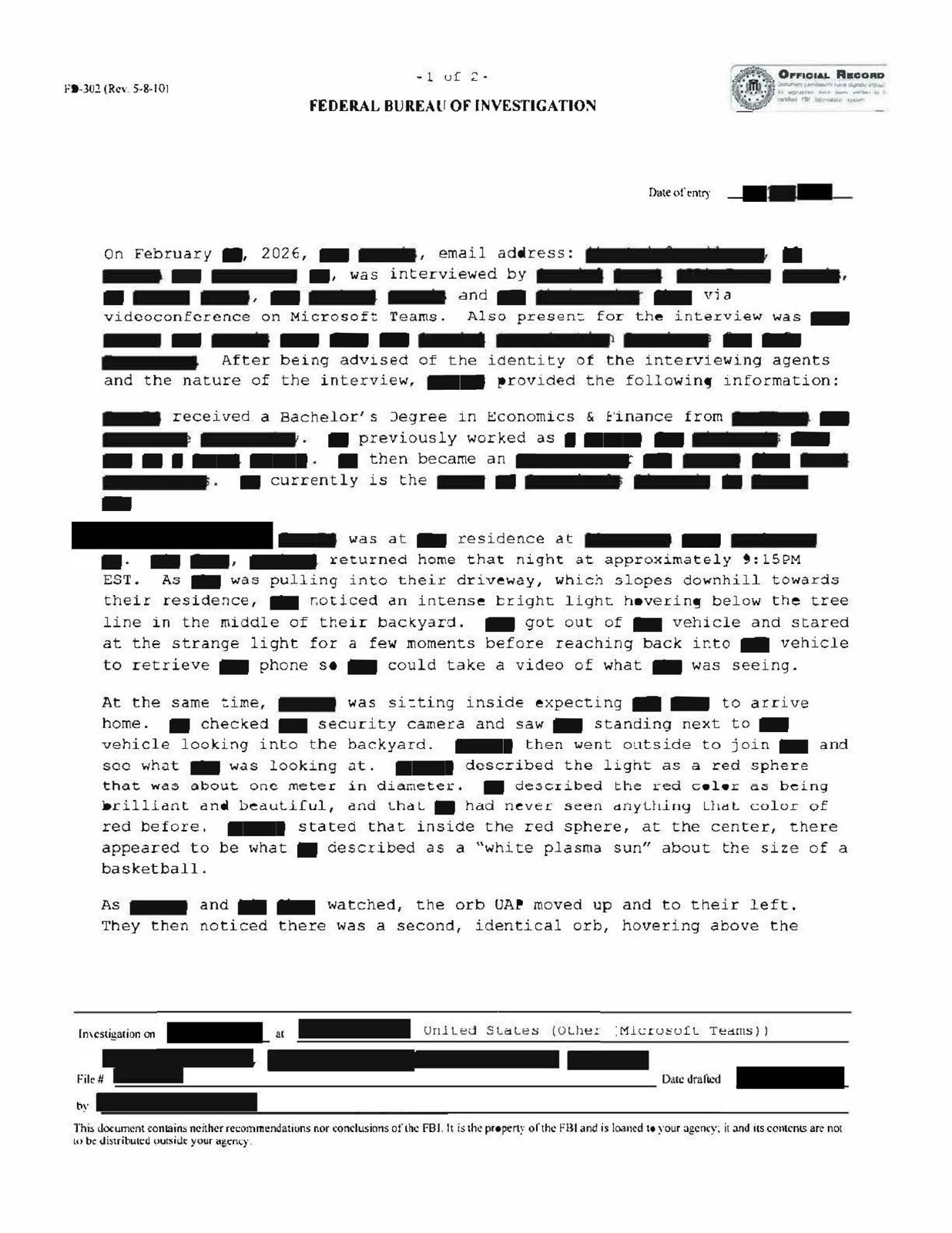 FBI-UAP-D009, FD-302-67, "תצפית כדור בצפון-מזרח", 2026 — עמוד 1