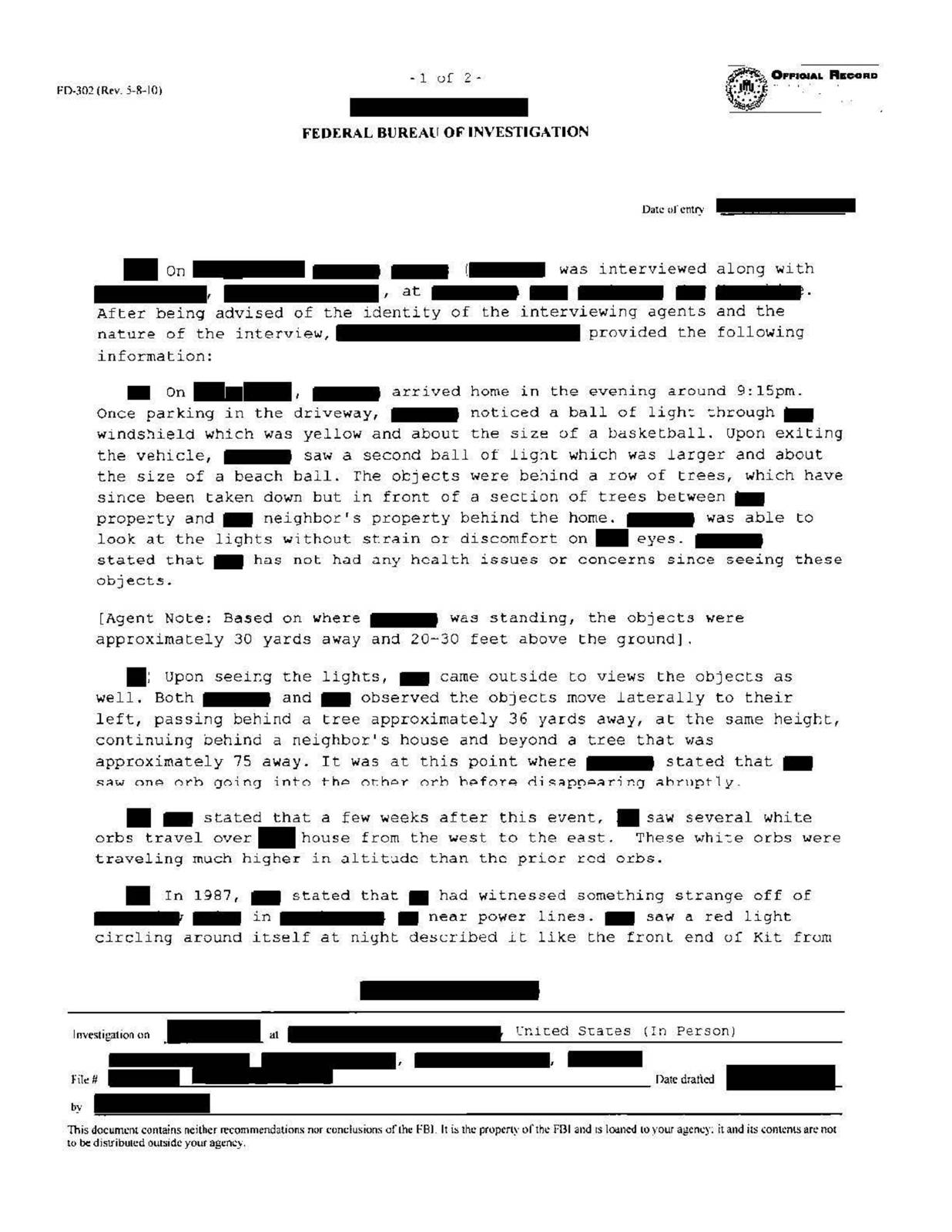 FBI-UAP-D010, FD-302-71, "תצפית כדור בצפון-מזרח", 2026 — עמוד 1