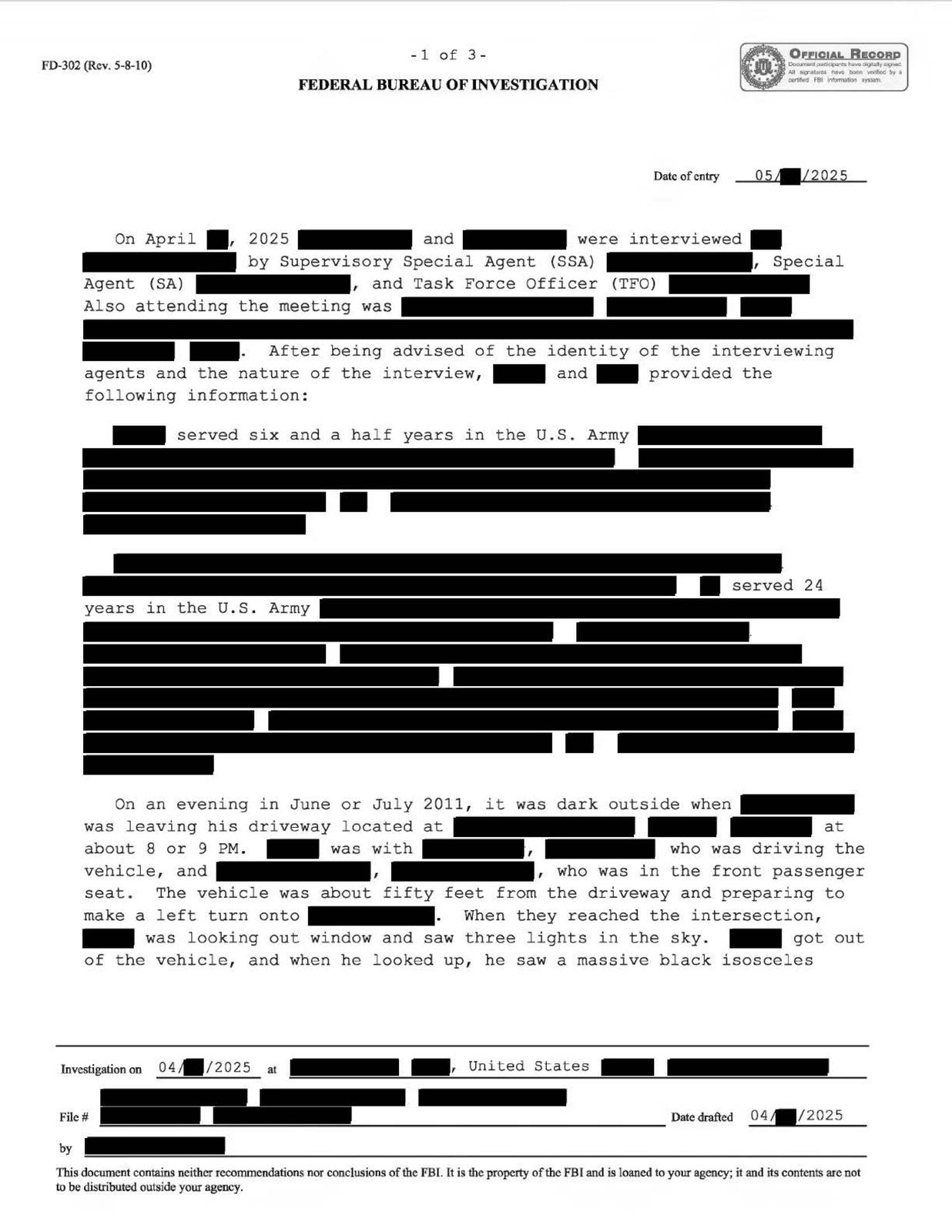 FBI-UAP-D028, FD-302, "משולש כהה עם אורות", 2011 — עמוד 1