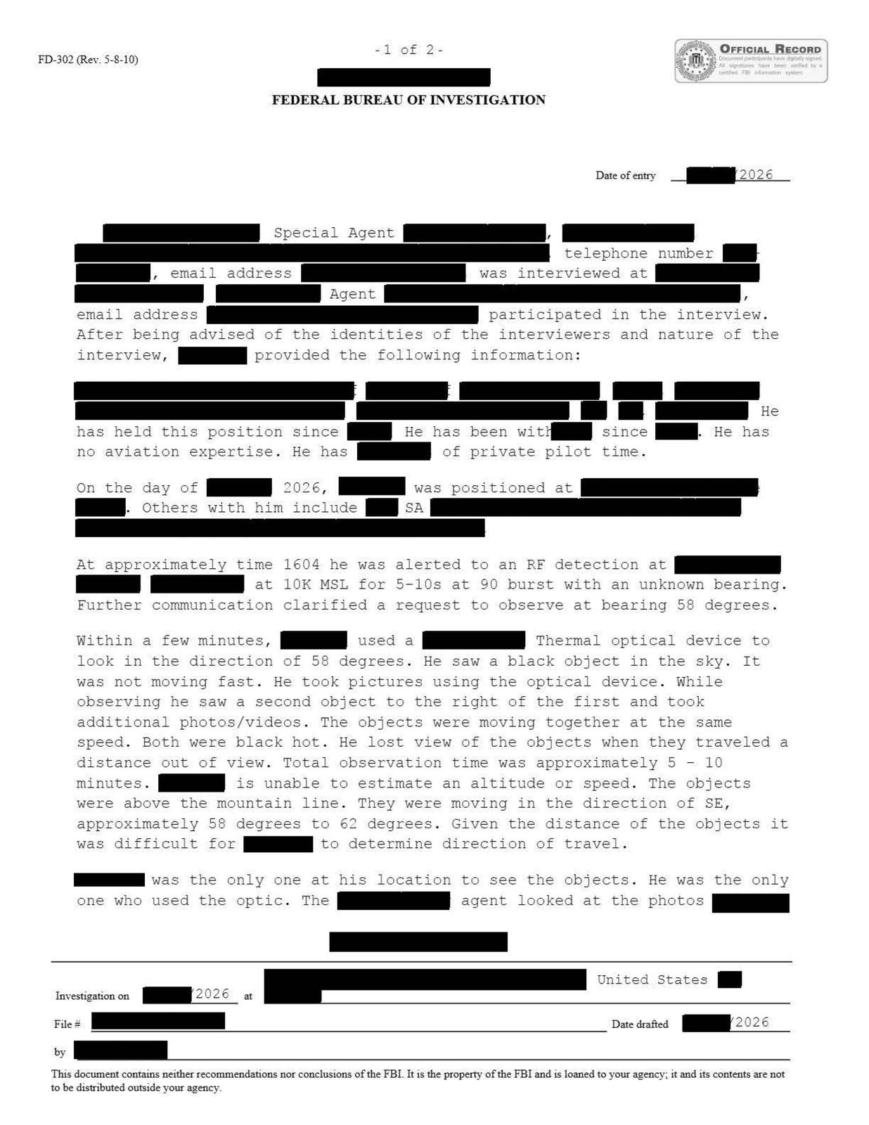FBI-UAP-D032, FD-302, "עצמים הנעים לאט", 2026 — עמוד 1