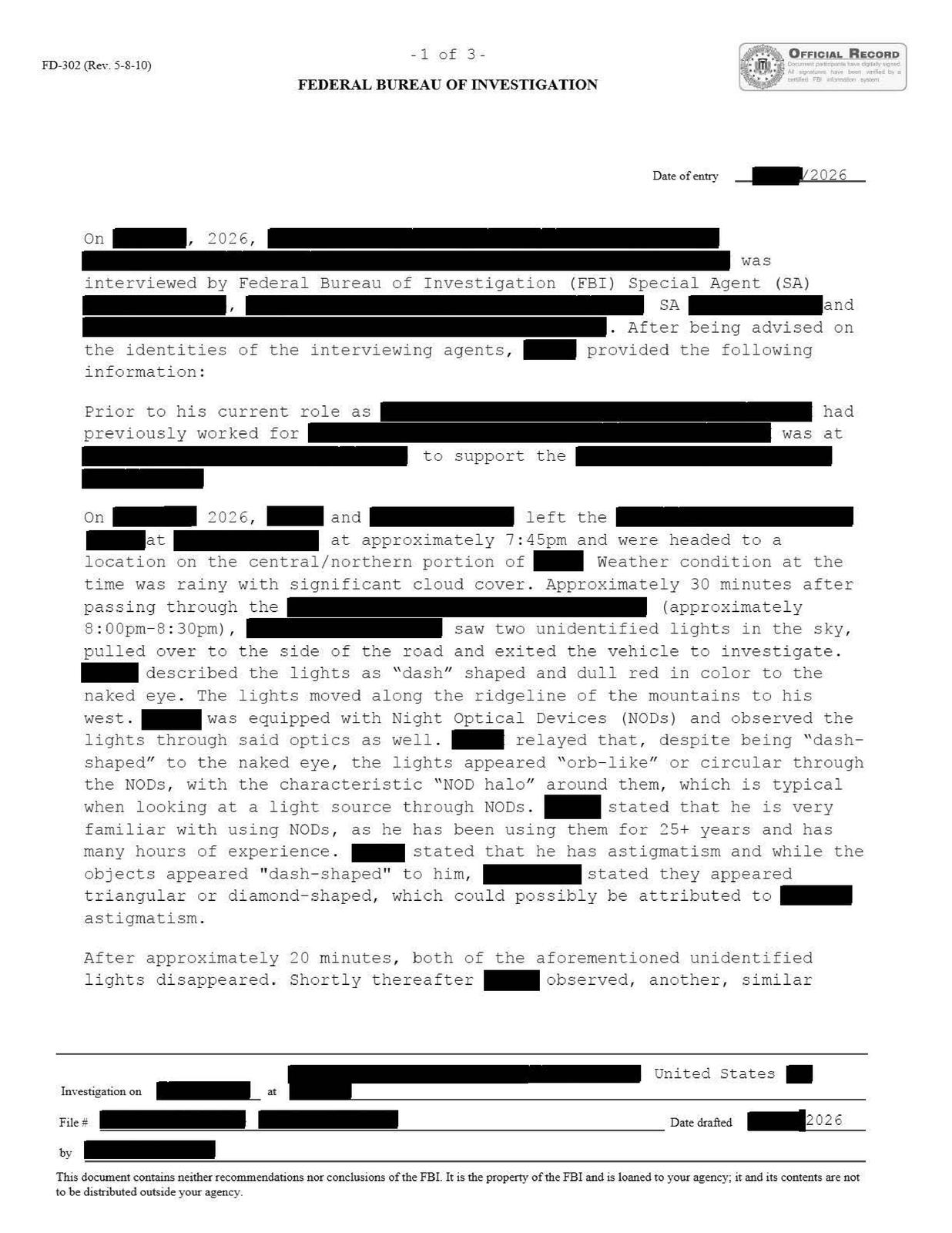 FBI-UAP-D037, FD-302, "אורות אדומים מרובים", 2026 — עמוד 1