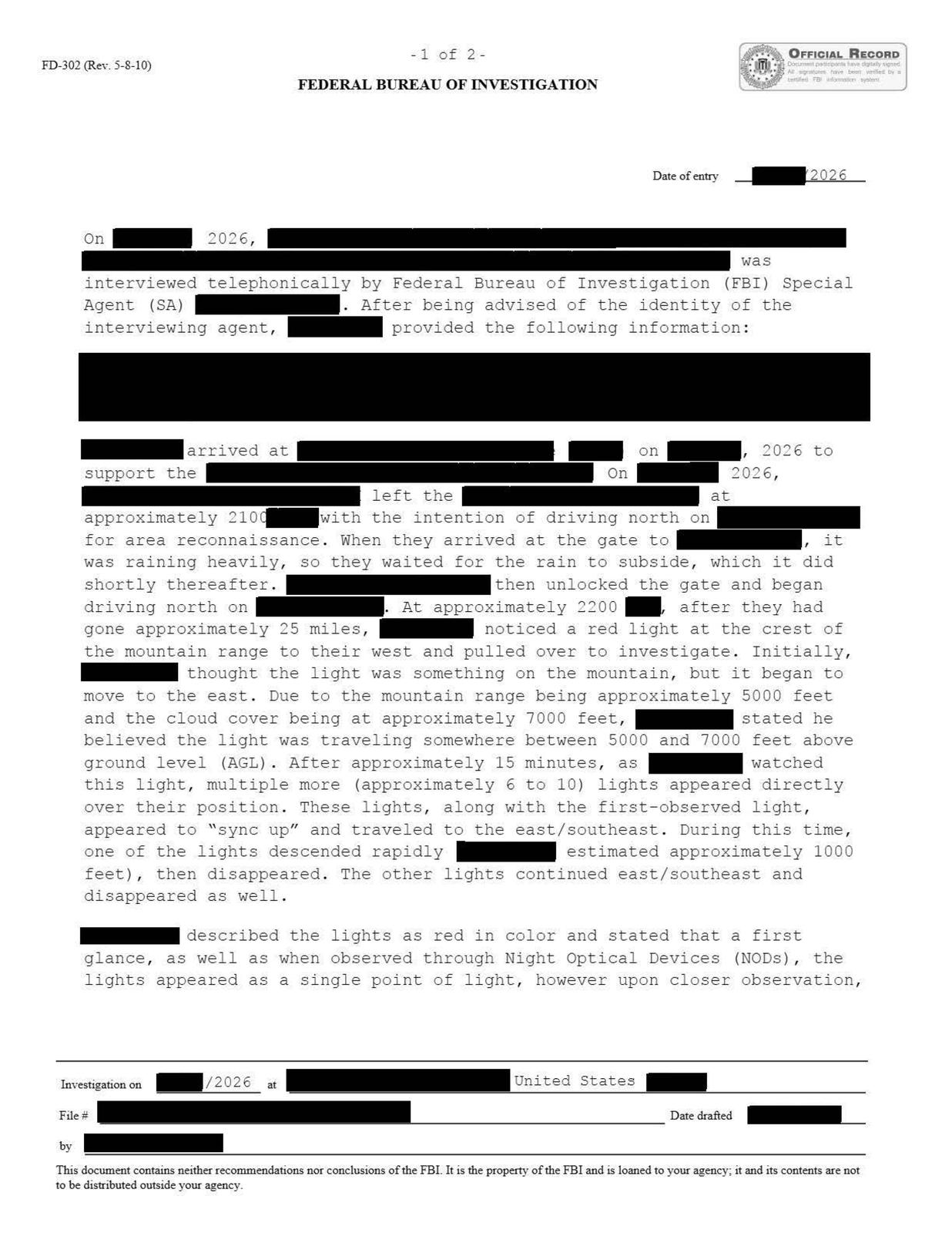 FBI-UAP-D040, FD-302, "אורות אדומים מרובים", 2026 — עמוד 1