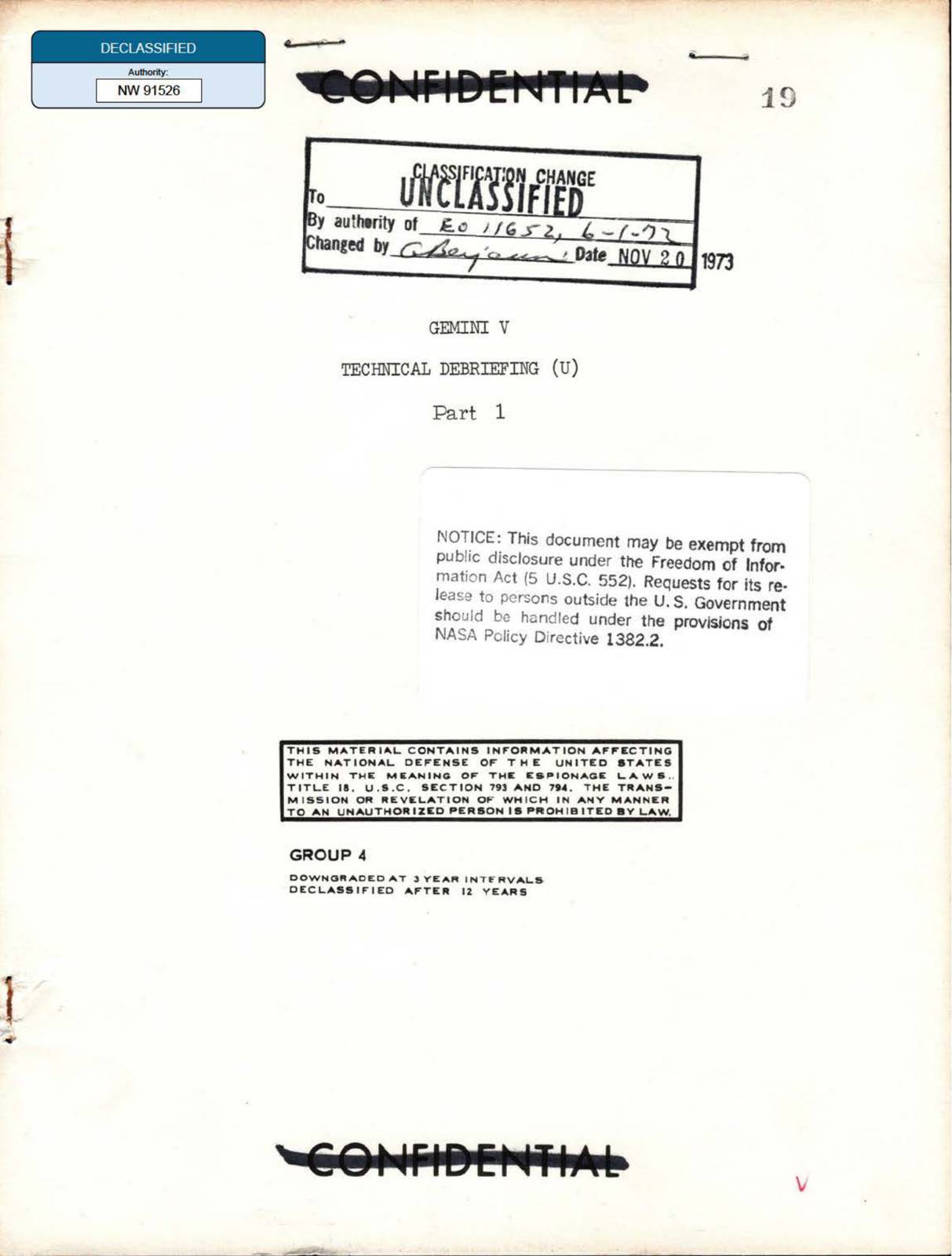 NASA-UAP-D019, תחקיר טכני של Gemini 5, חלק I, 1965 — עמוד 1